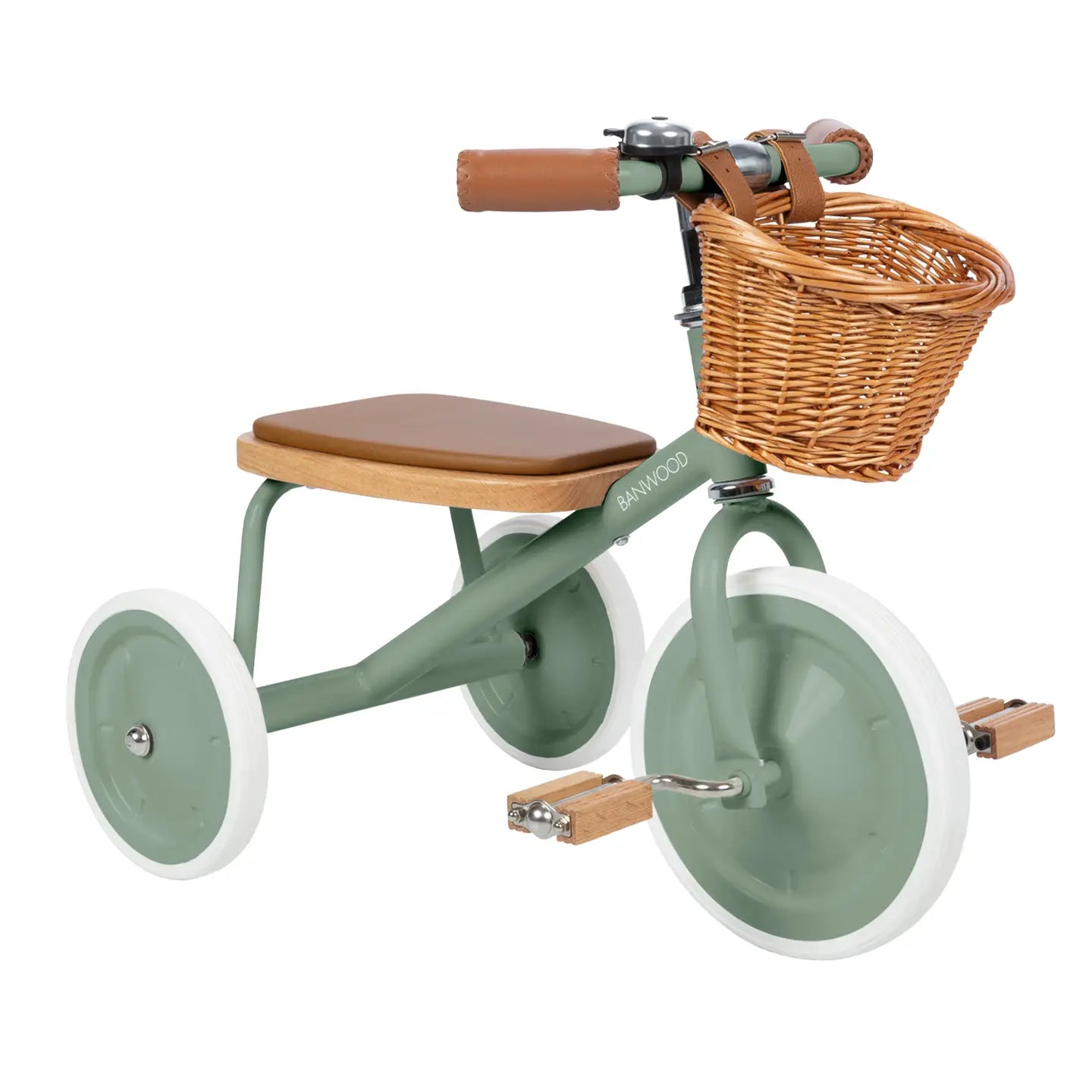 Banwood vintage toddler tricycle in forest green side angle view on white background