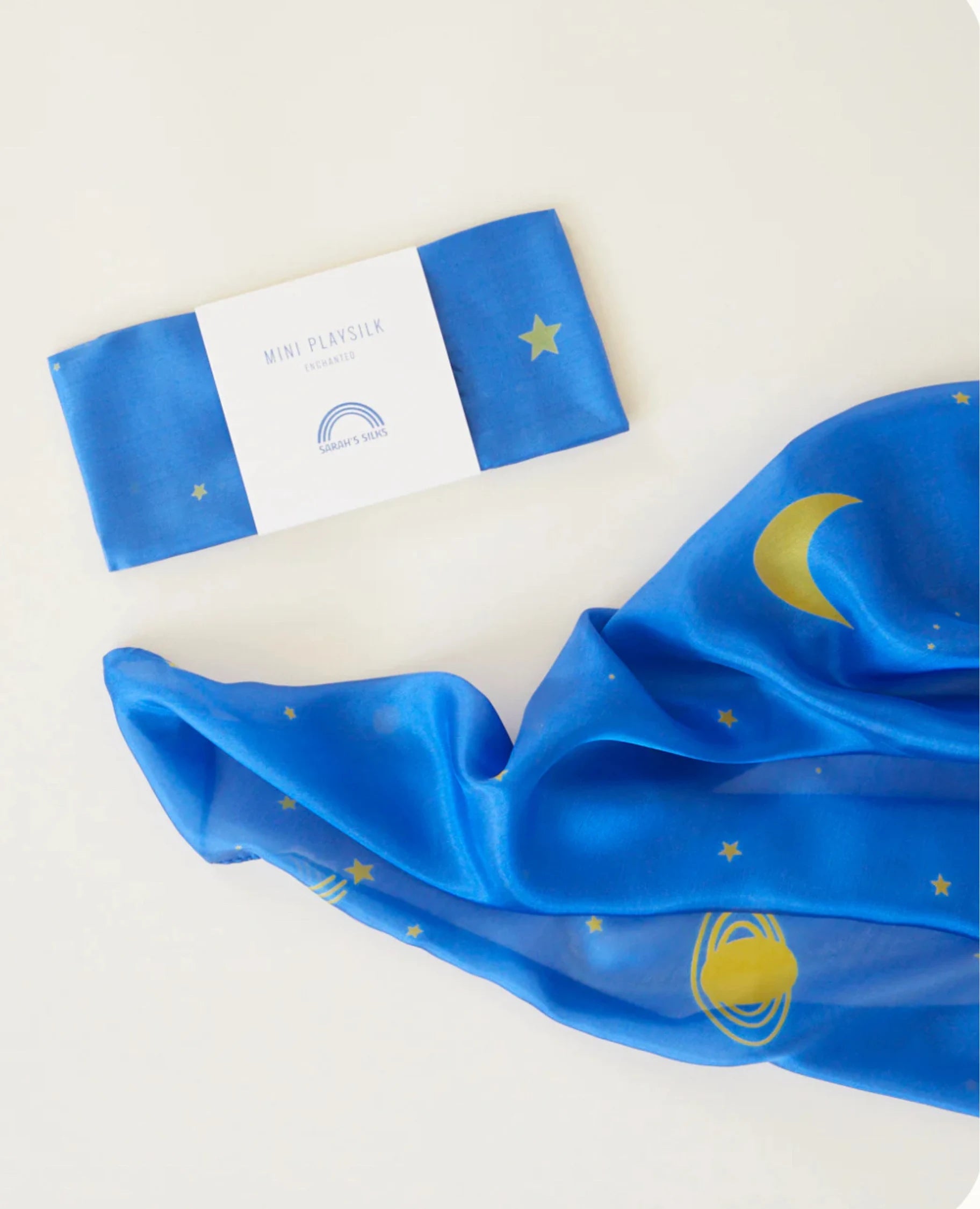 Sarah’s Silks - Enchanted Playsilk in Starry Night (gold stars on blue) on white background