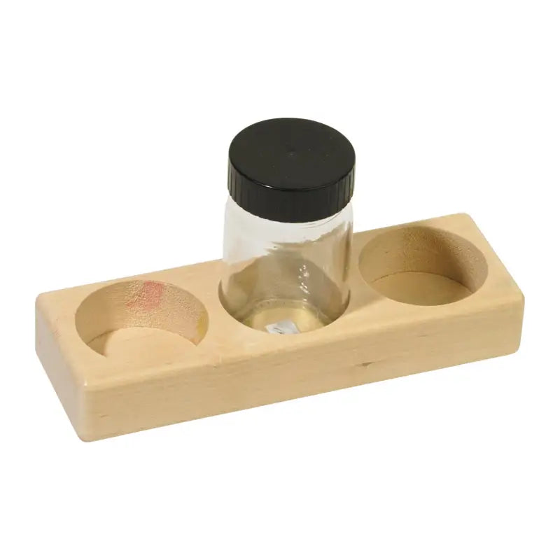 Glass Paint Jar with black lid in a wooden paint jar holder for Watercolor