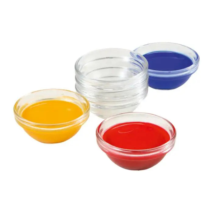 Set of lidless paint and craft jars with yellow, red and blue watercolor paint