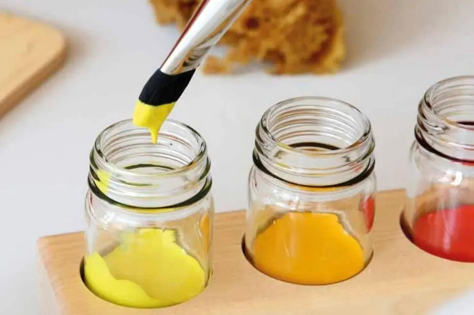 Glass Paint Jars with Watercolors in the jars and in the wooden paint jar holders
