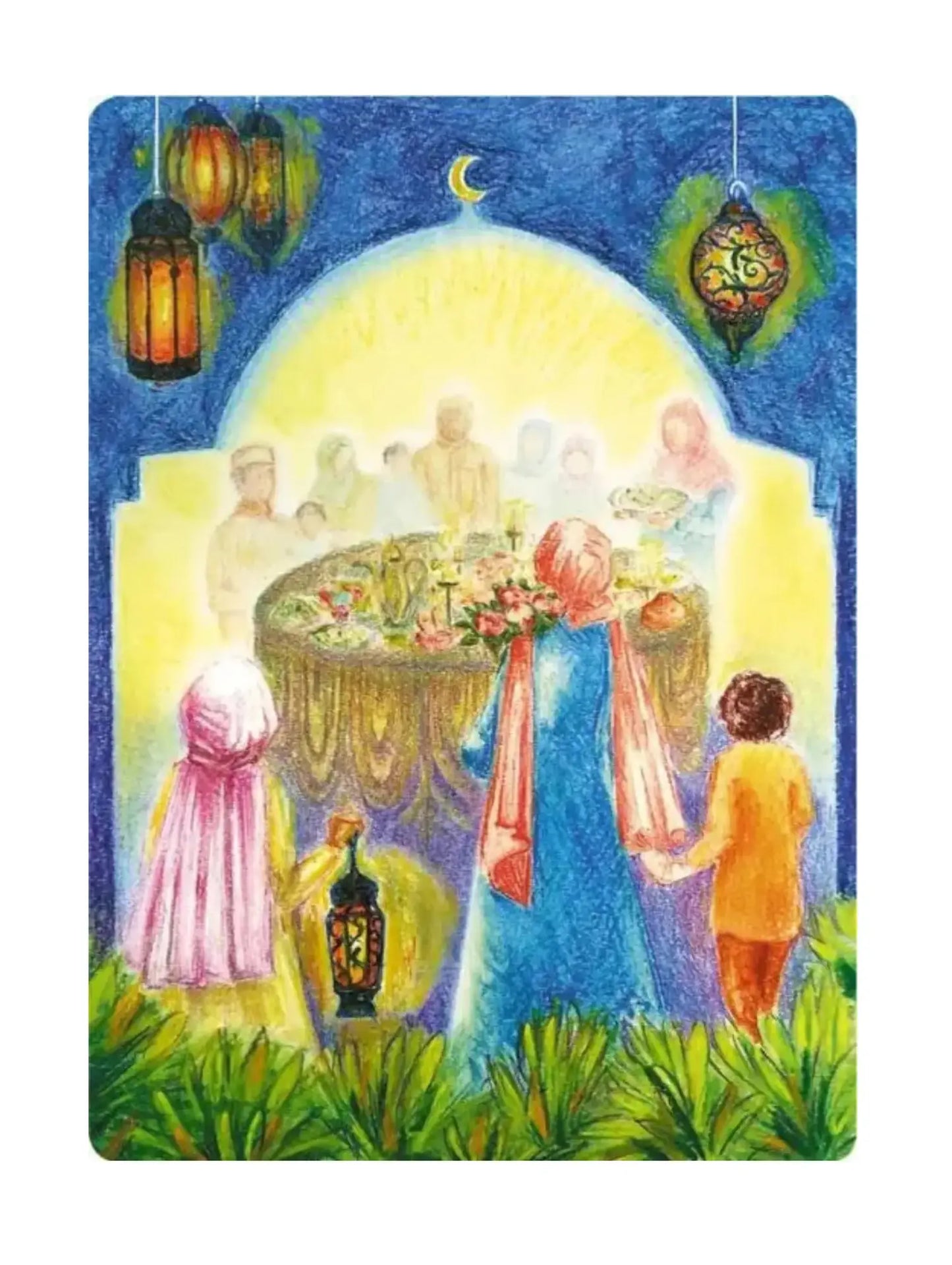 Illustration of a festive gathering with people, lanterns, and a decorated table under a crescent moon.