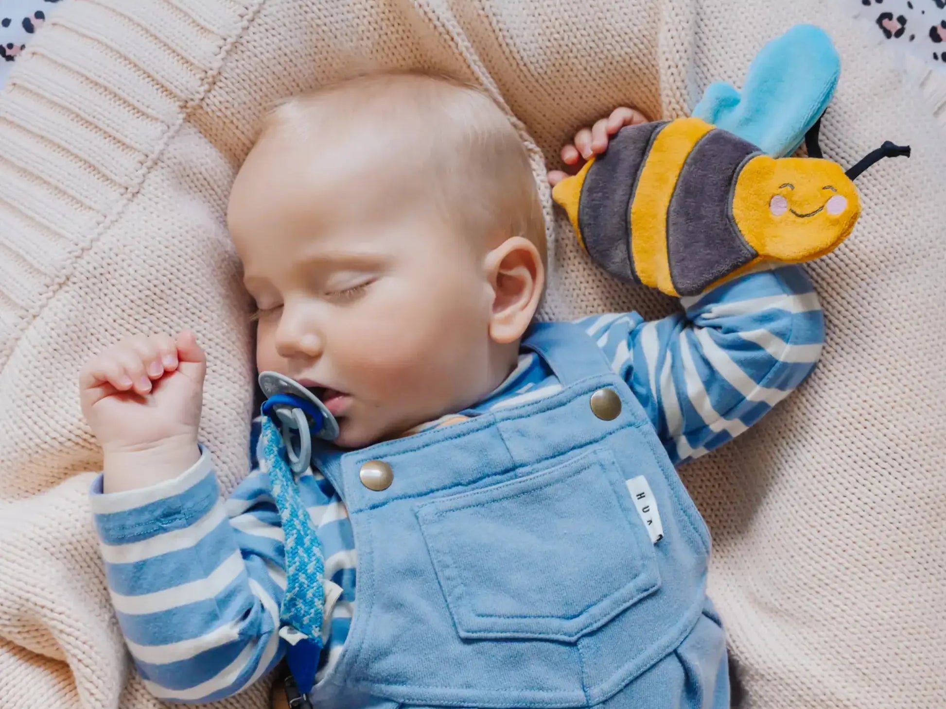 Sleeping baby cuddling organic cotton honeybee crinkle toy