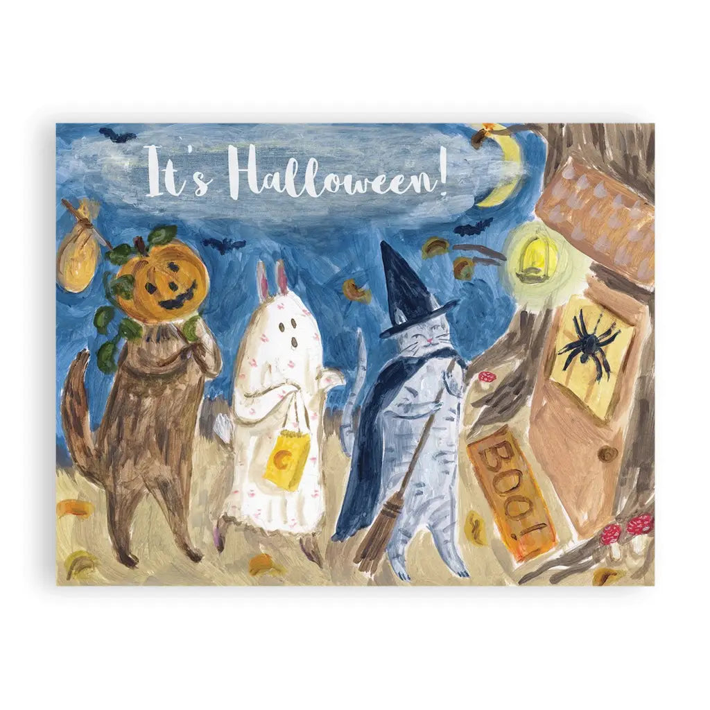 Halloween-themed illustration with animals in costumes and text 'It's Halloween!' on a blue background.