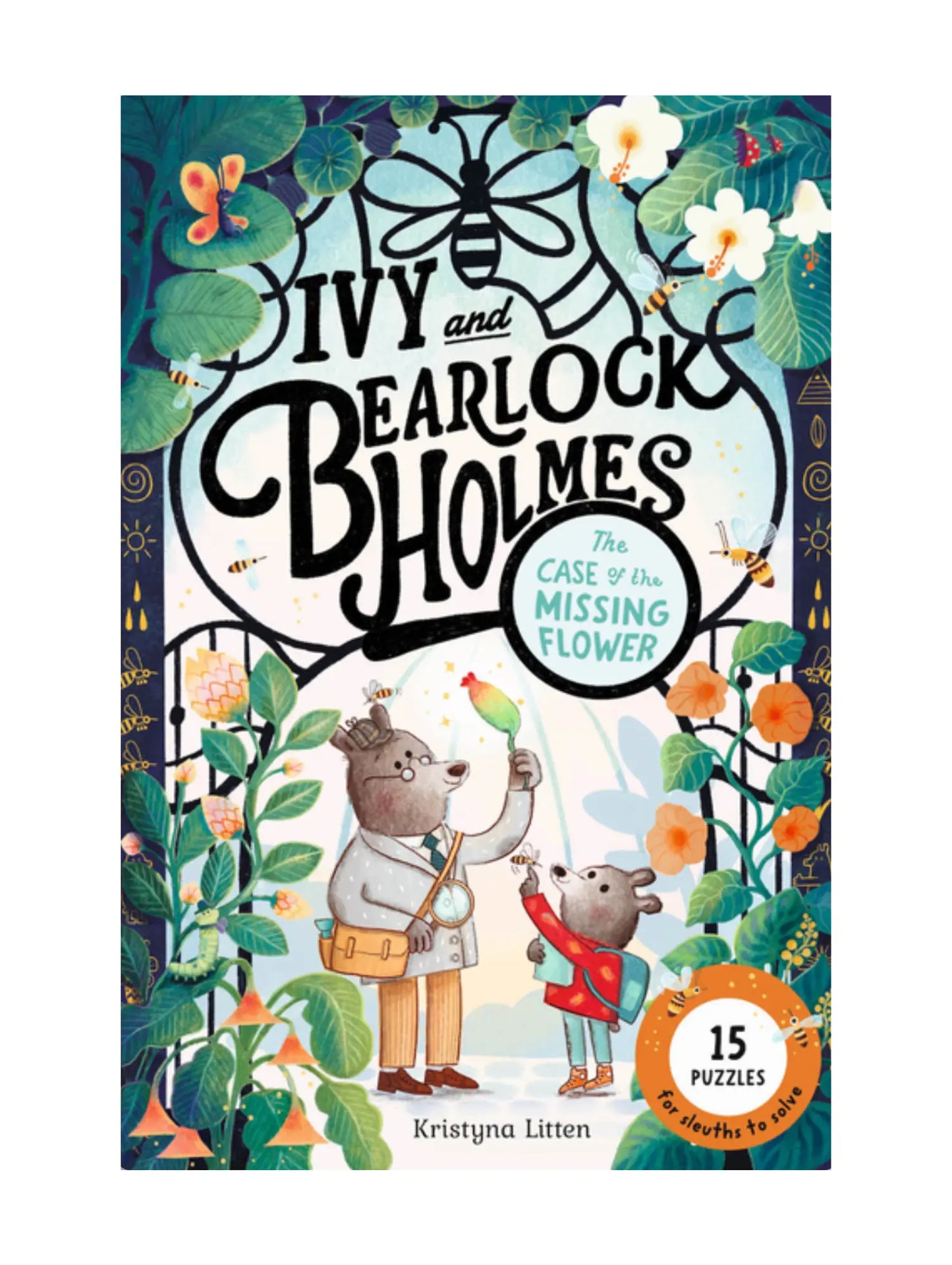 Book cover of 'Ivy and Bearlock Holmes: The Case of the Missing Flower' with illustrations of two bears and flowers.