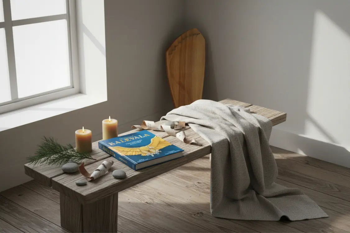 Wooden table with candles, books, and a blanket in a room with a window.