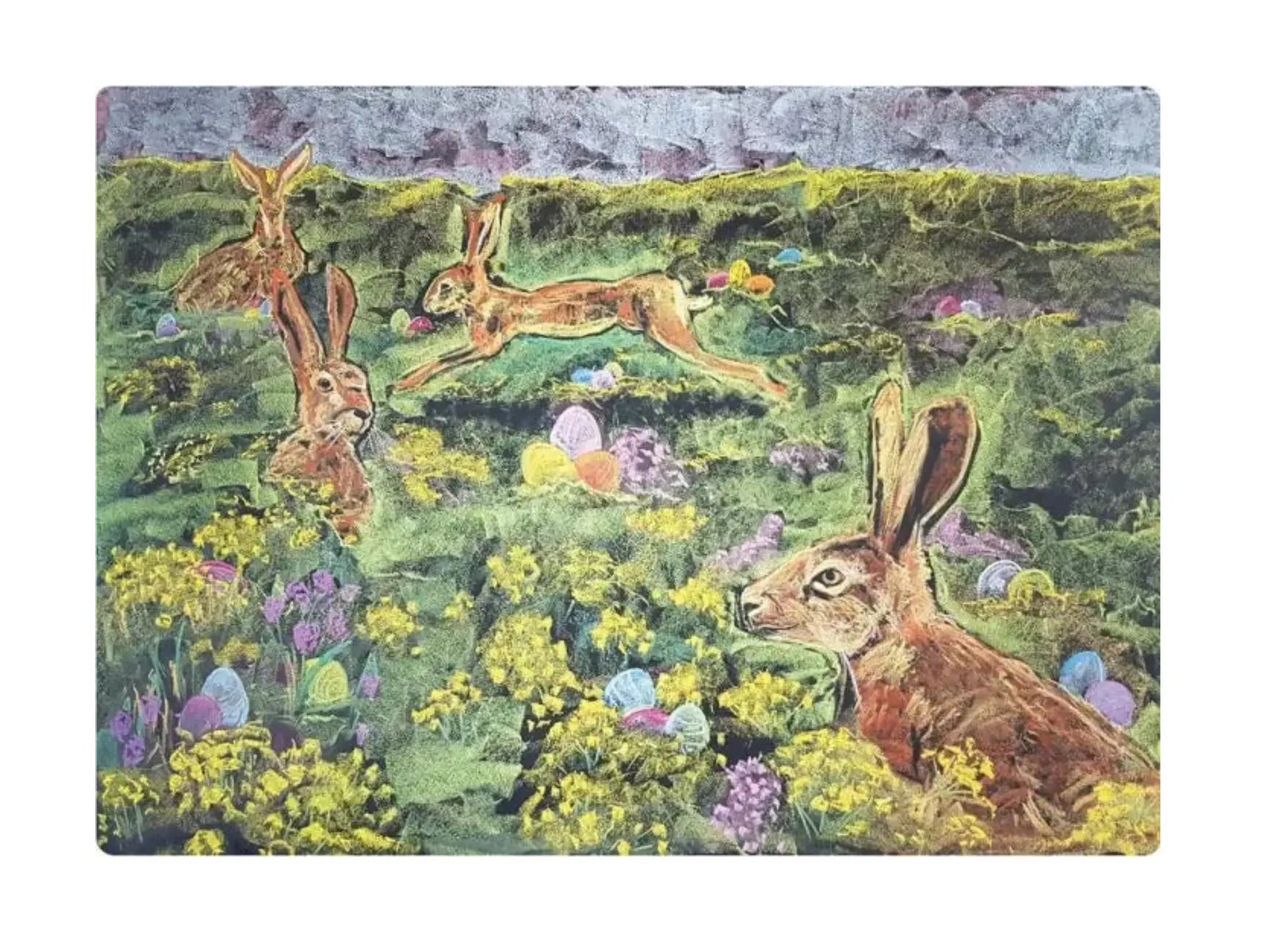 Easter Bunny Chalk Art Postcard of four bunnies, flowers, and painted eggs in a meadow