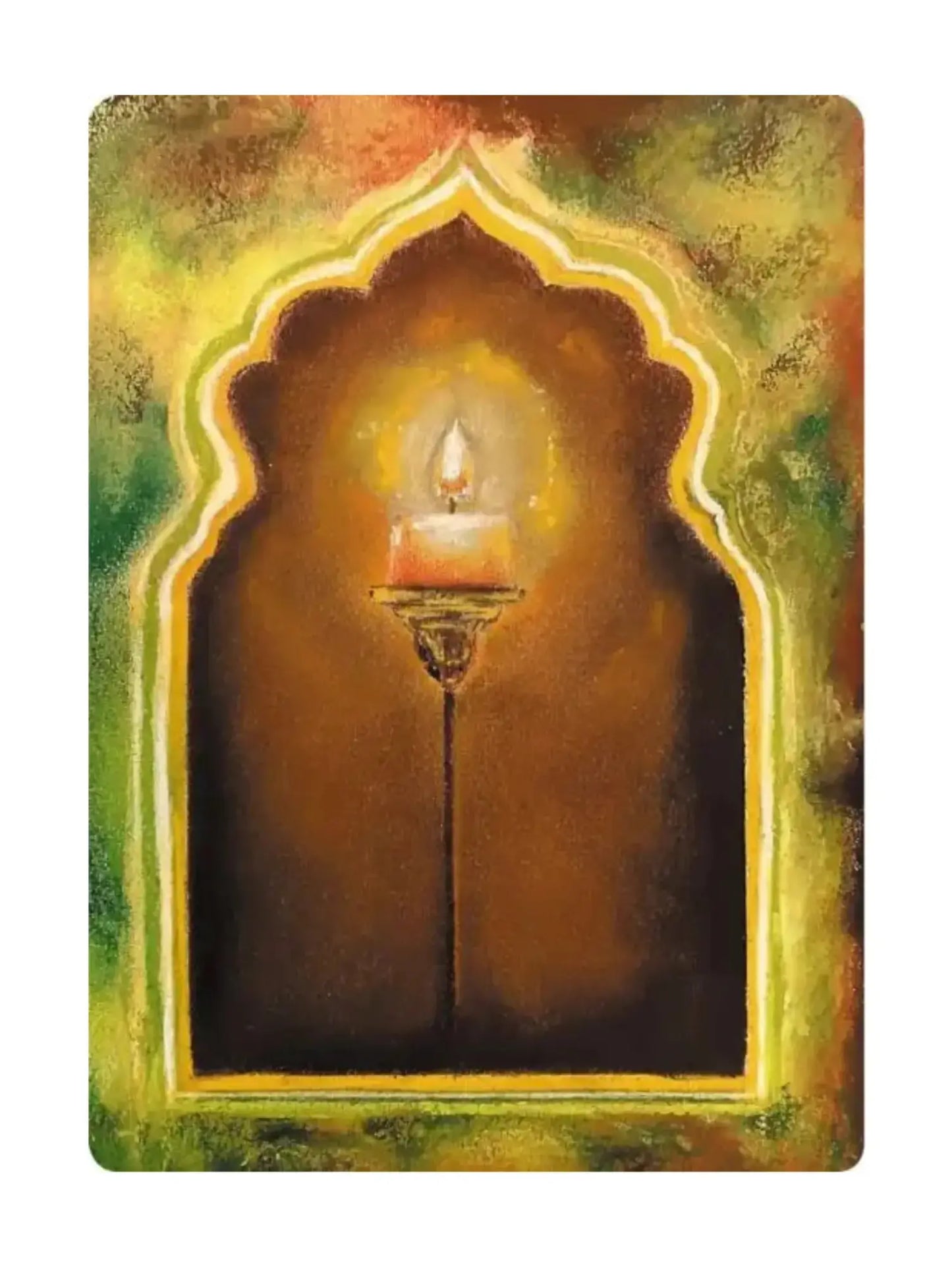 Artistic depiction of a candle inside an archway with a warm, glowing light.