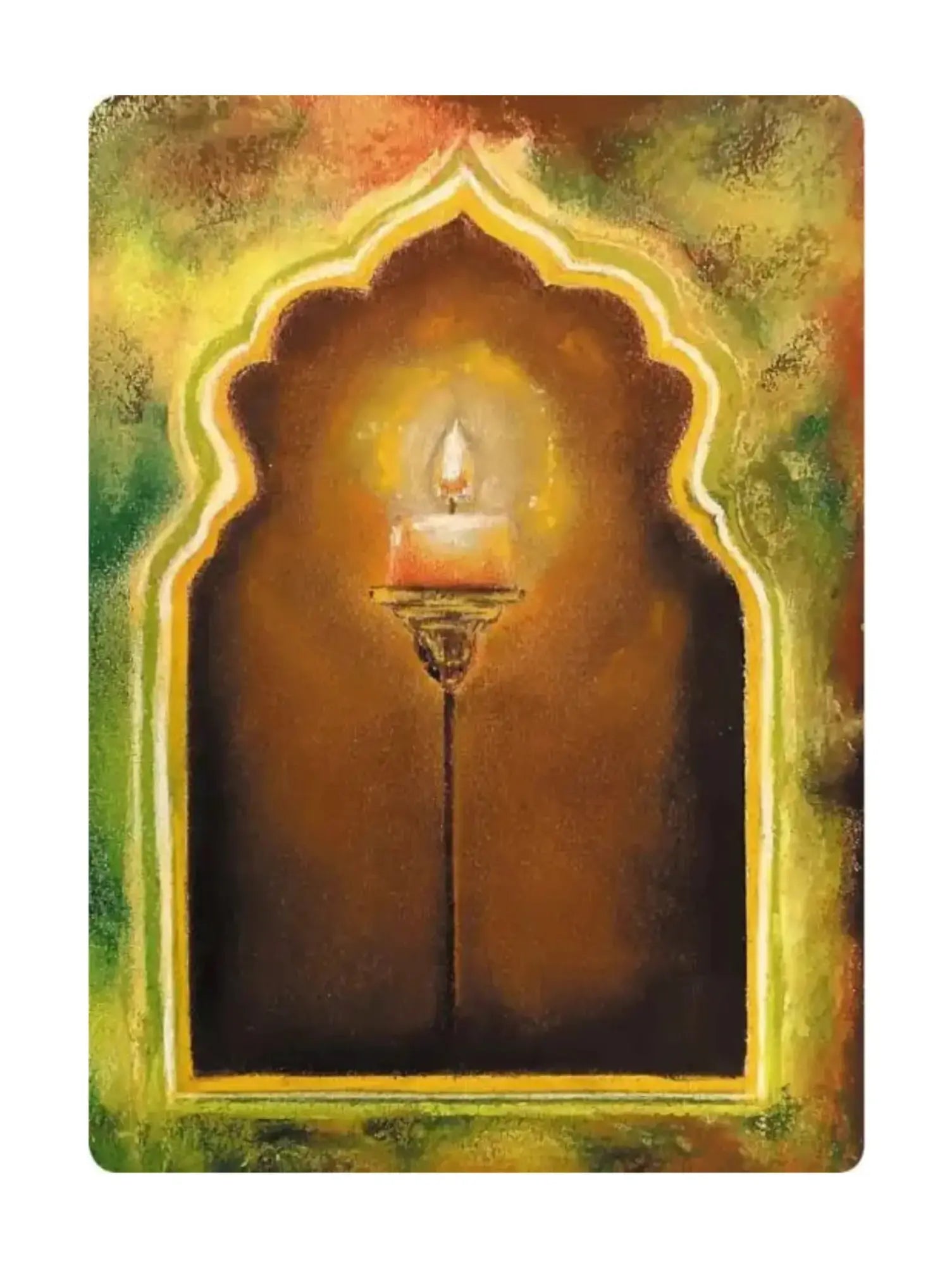 Artistic depiction of a candle inside an archway with a warm, glowing light.