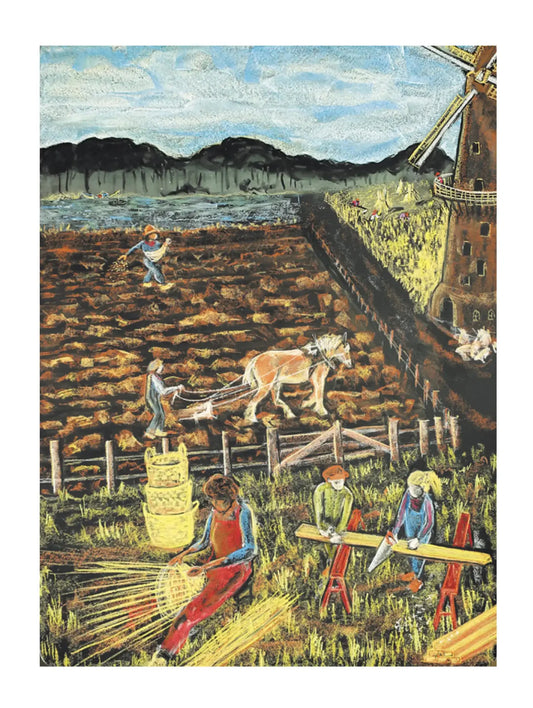 Waldorf Postcard of people working in a field with a windmill in the background