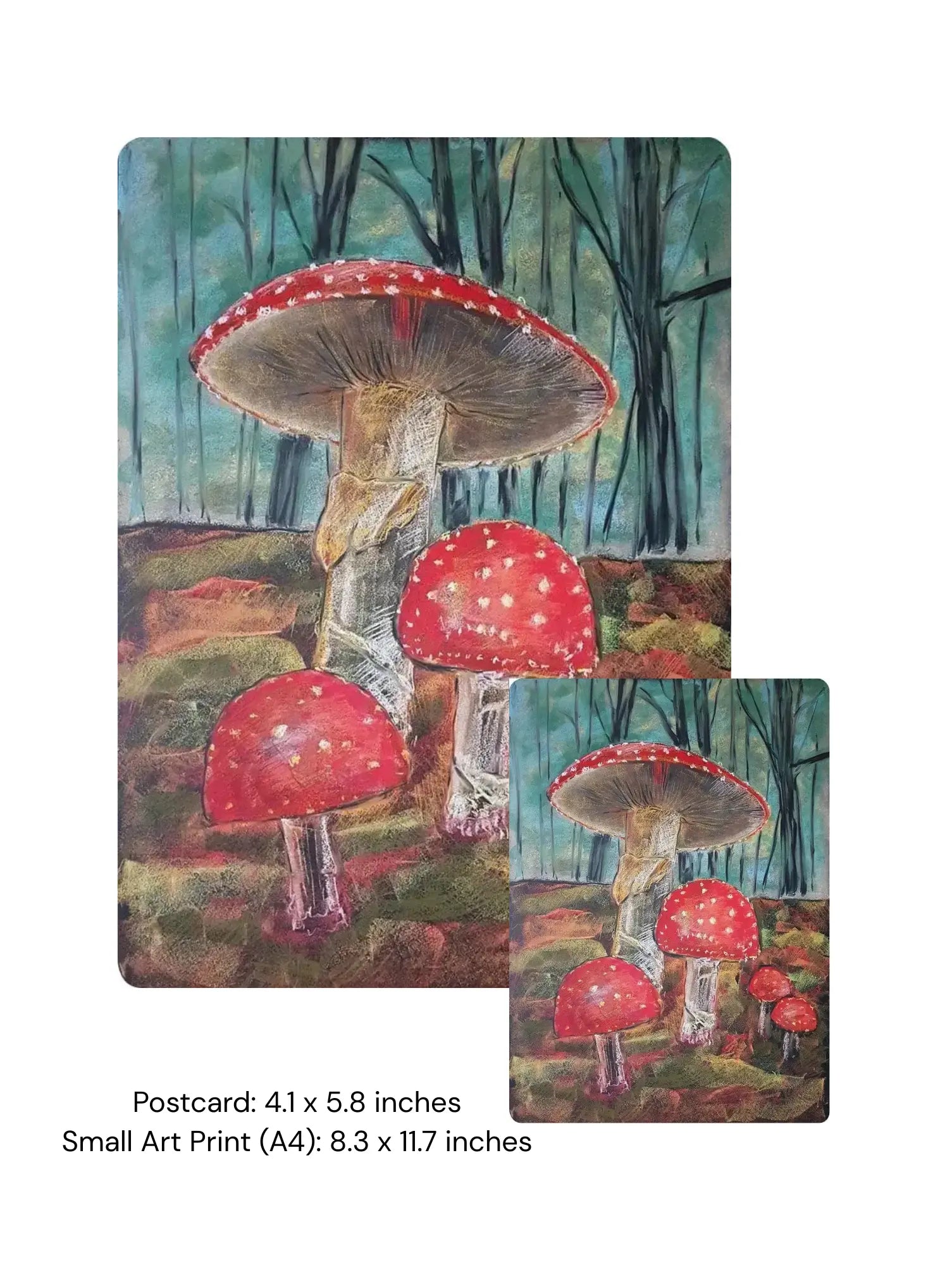Art print of mushrooms in a forest with dimensions provided.