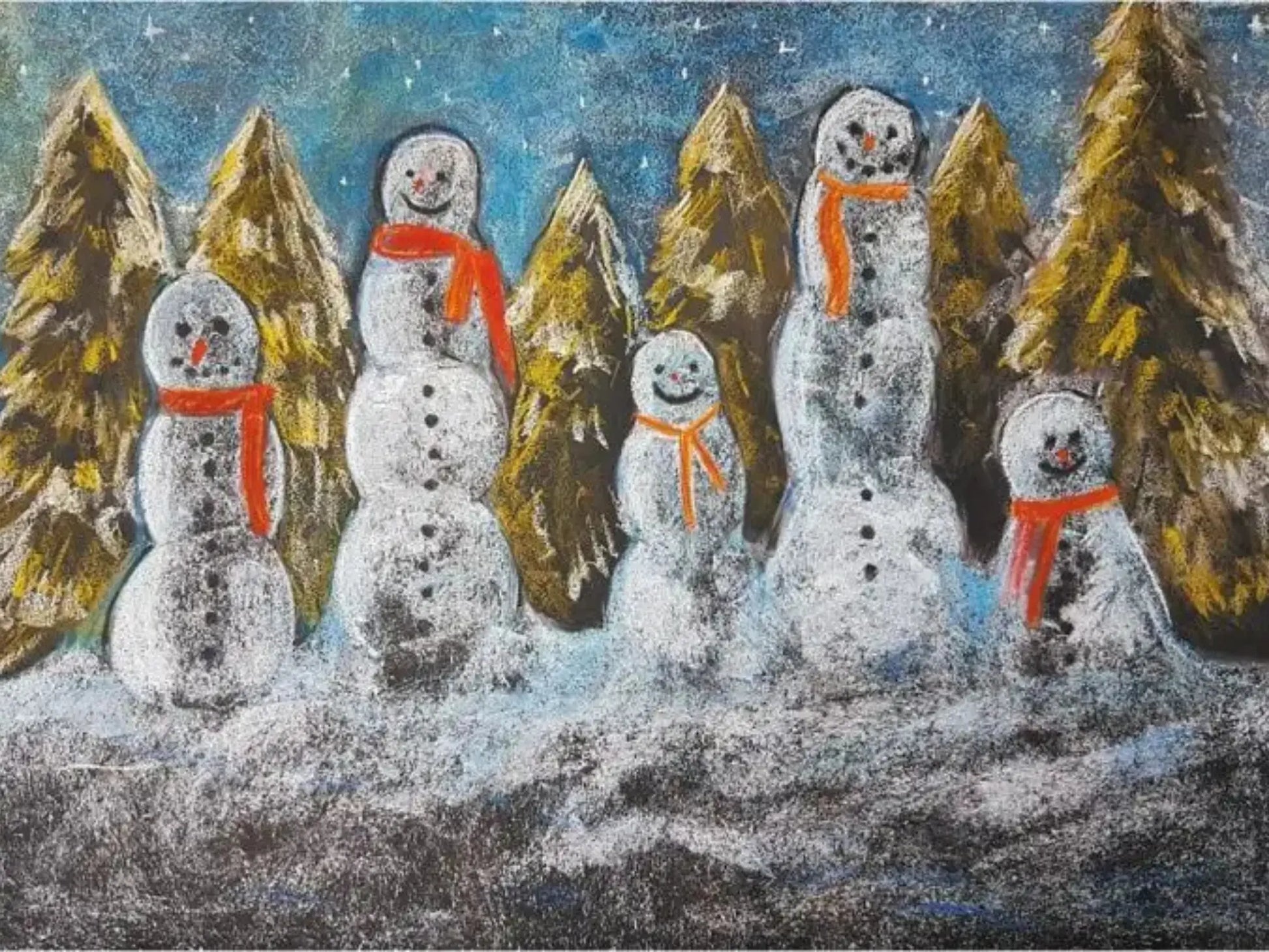 Five snowmen with scarves standing in front of trees in a snowy landscape.