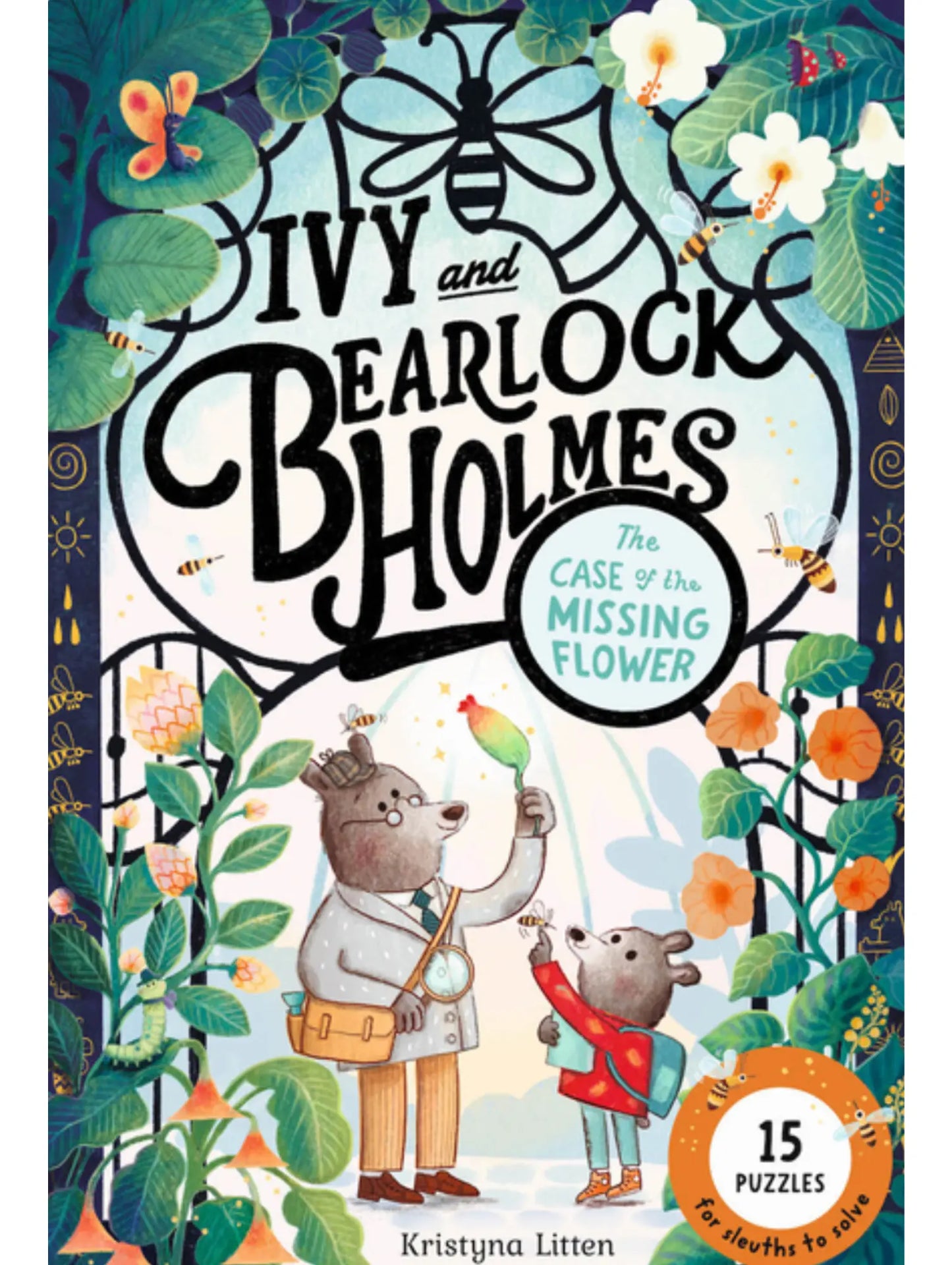 Book cover of 'Ivy and Bearlock Holmes: The Case of the Missing Flower' with illustrations of two bears and a flower.