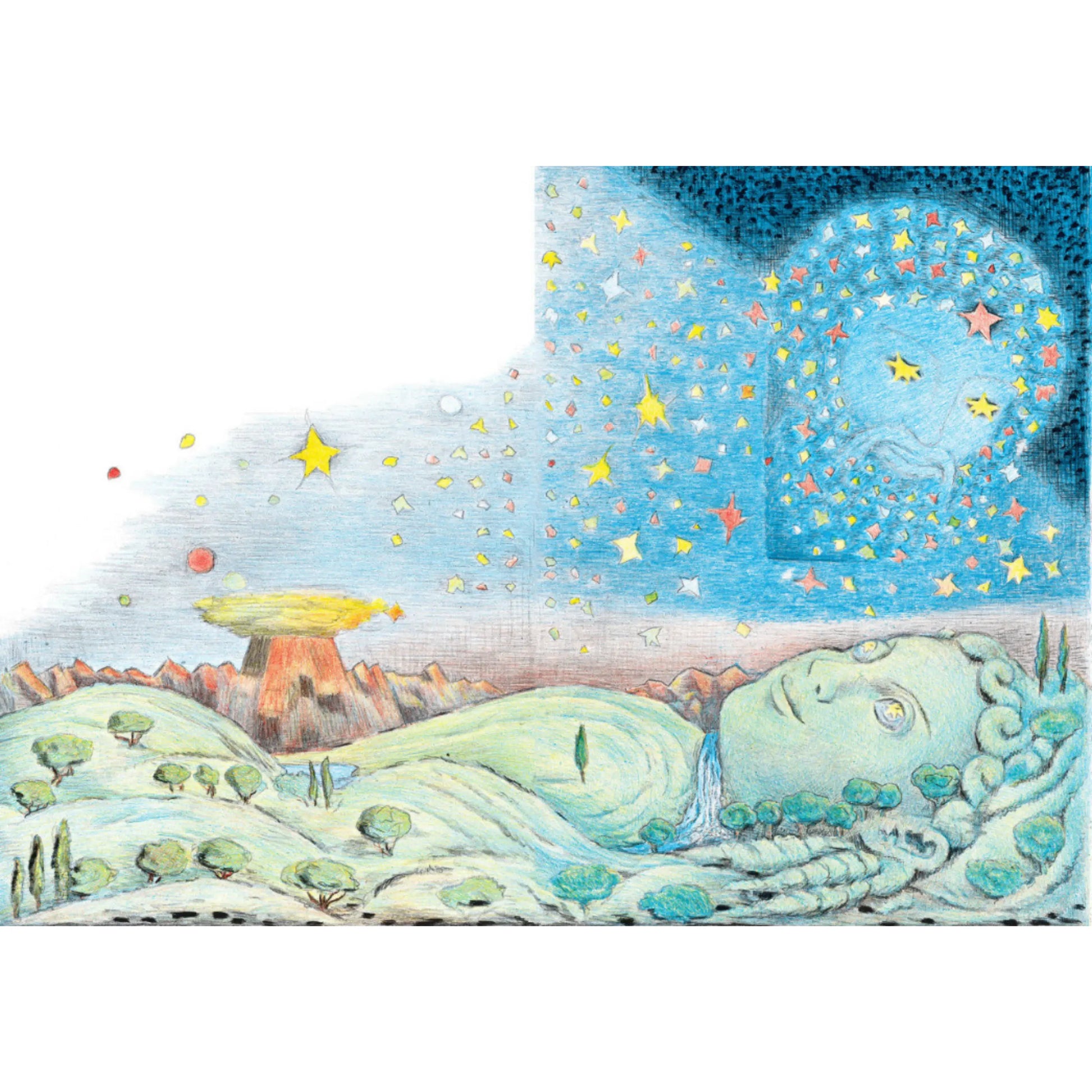 Illustration of a landscape with a large moon and stars and sleeping figure from Greek Mythology for Kids.