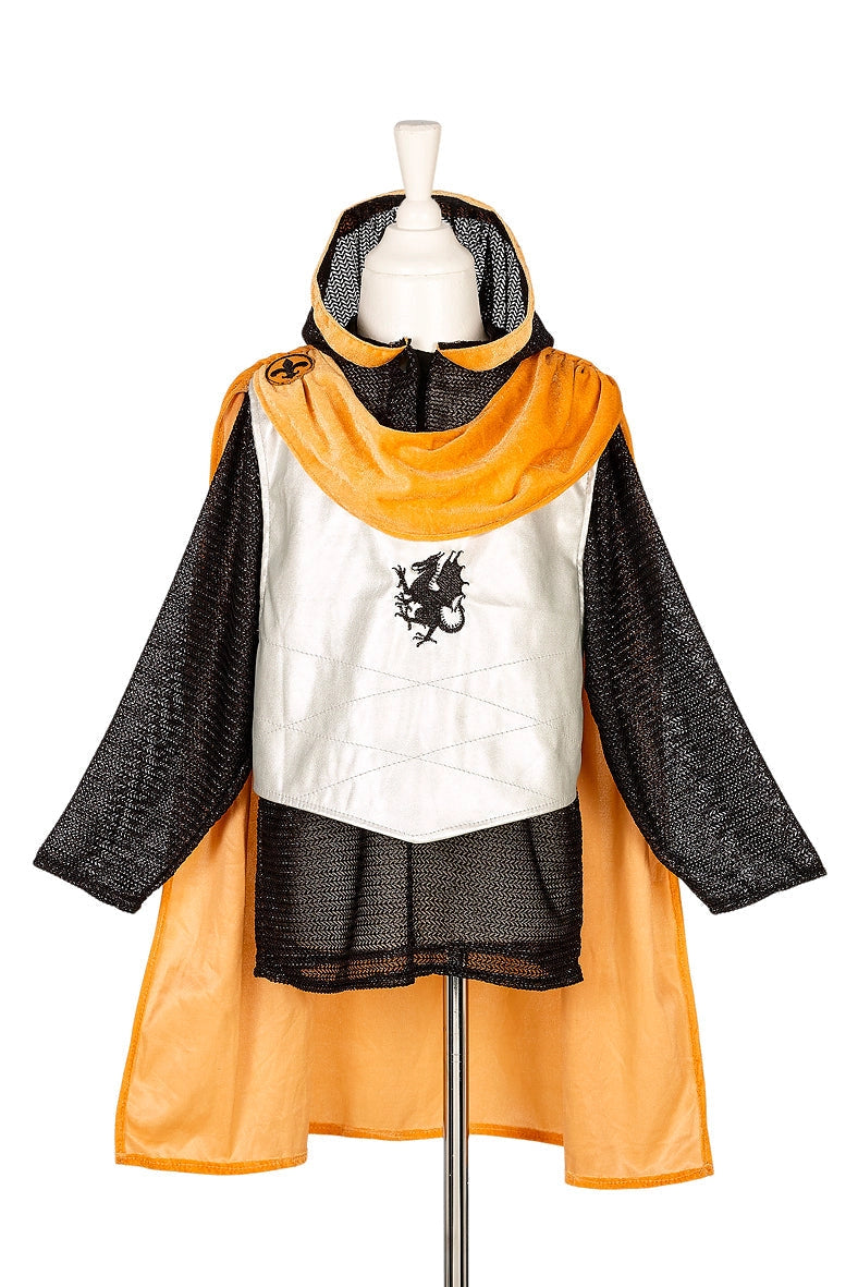 Orange and black kid's Knights tunic and cape with a white shirt featuring a black design against a white background