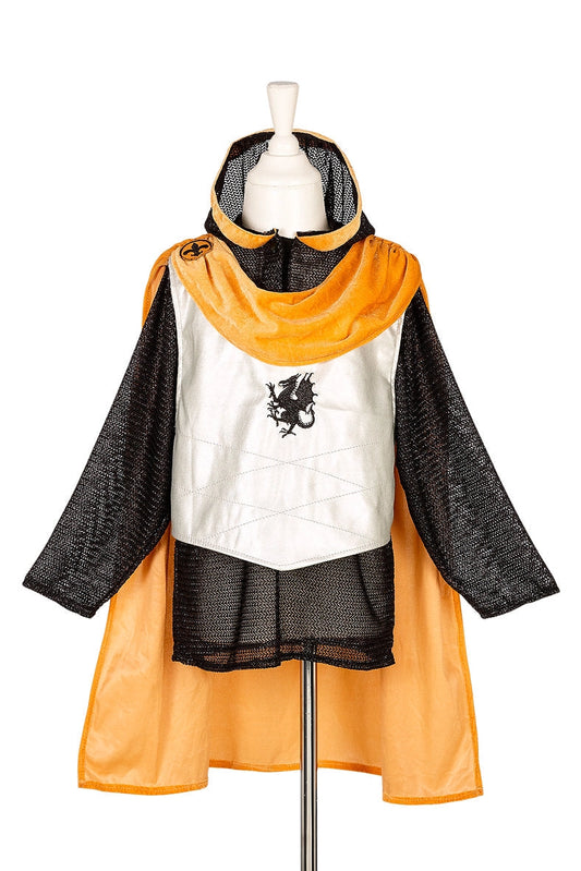 Orange and black kid's Knights tunic and cape with a white shirt featuring a black design against a white background