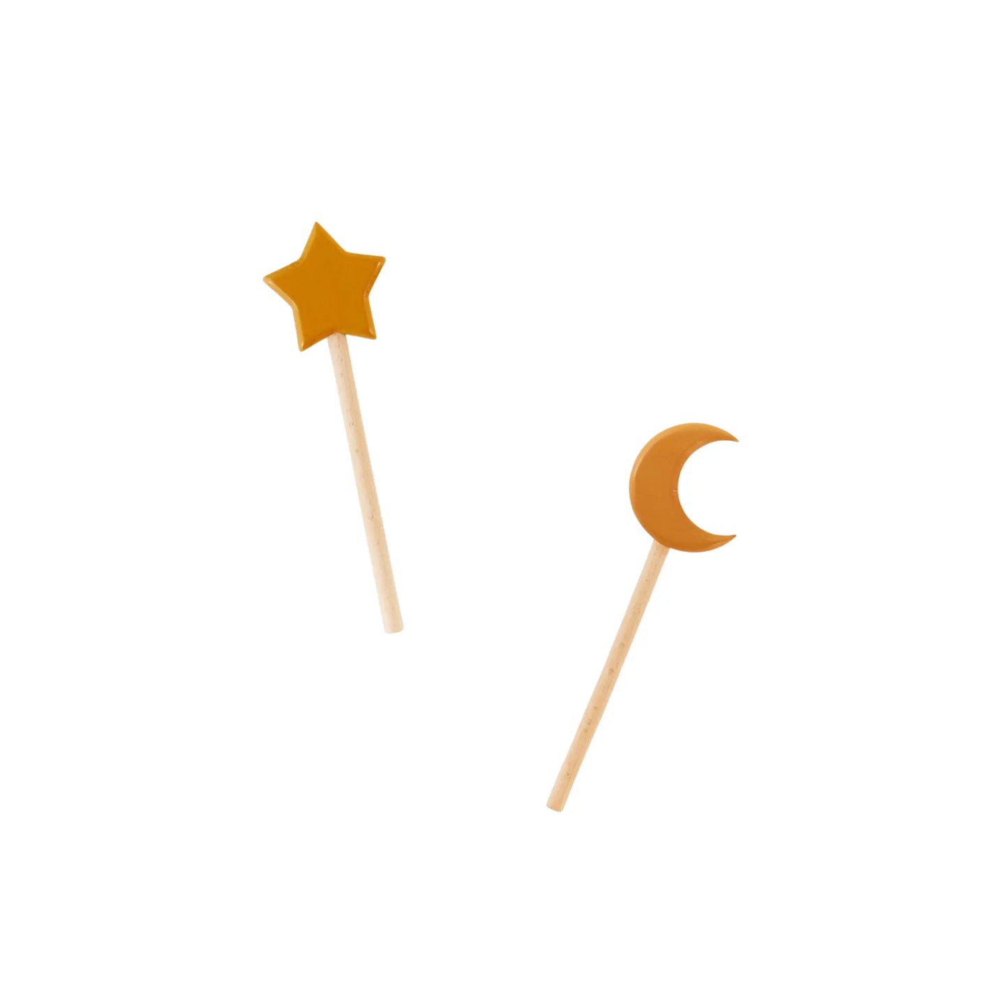 Two wooden kid's wands with star and moon shapes on a white background