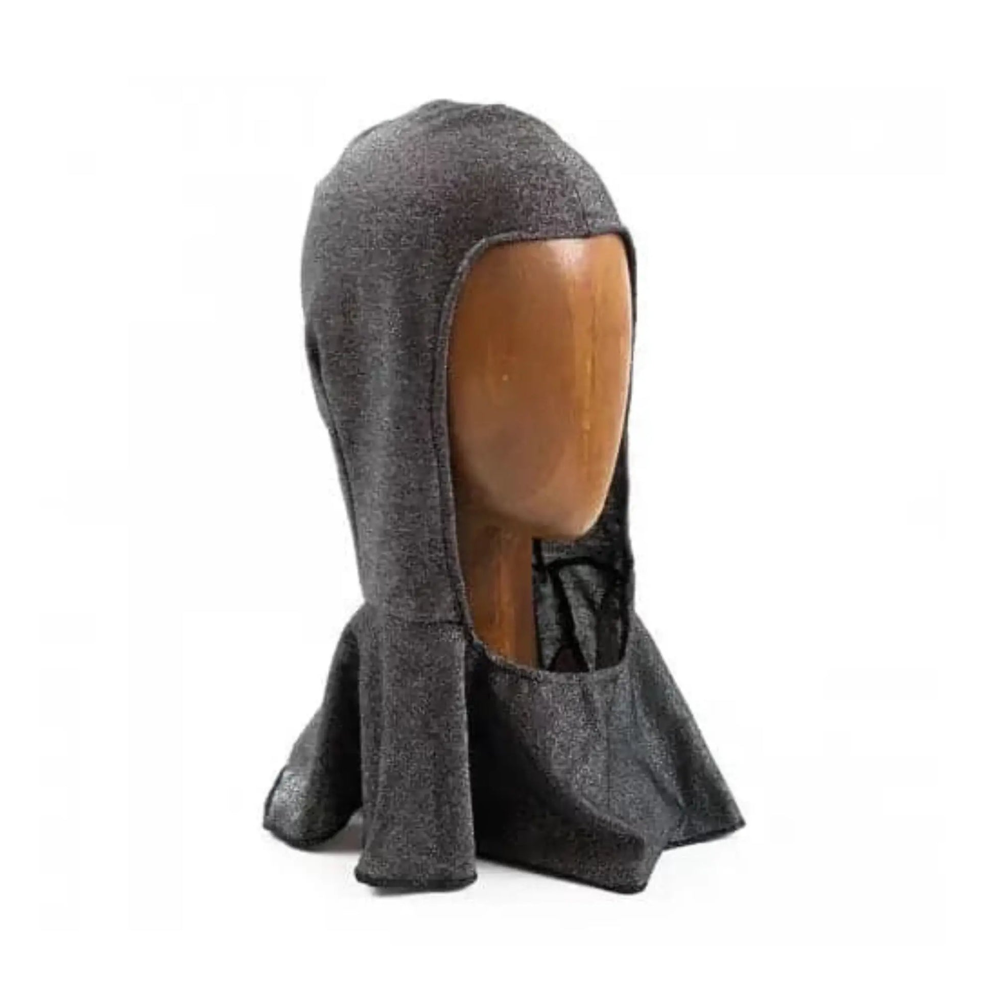 Gray hooded chainmail garment on a wooden mannequin head for kids costumes