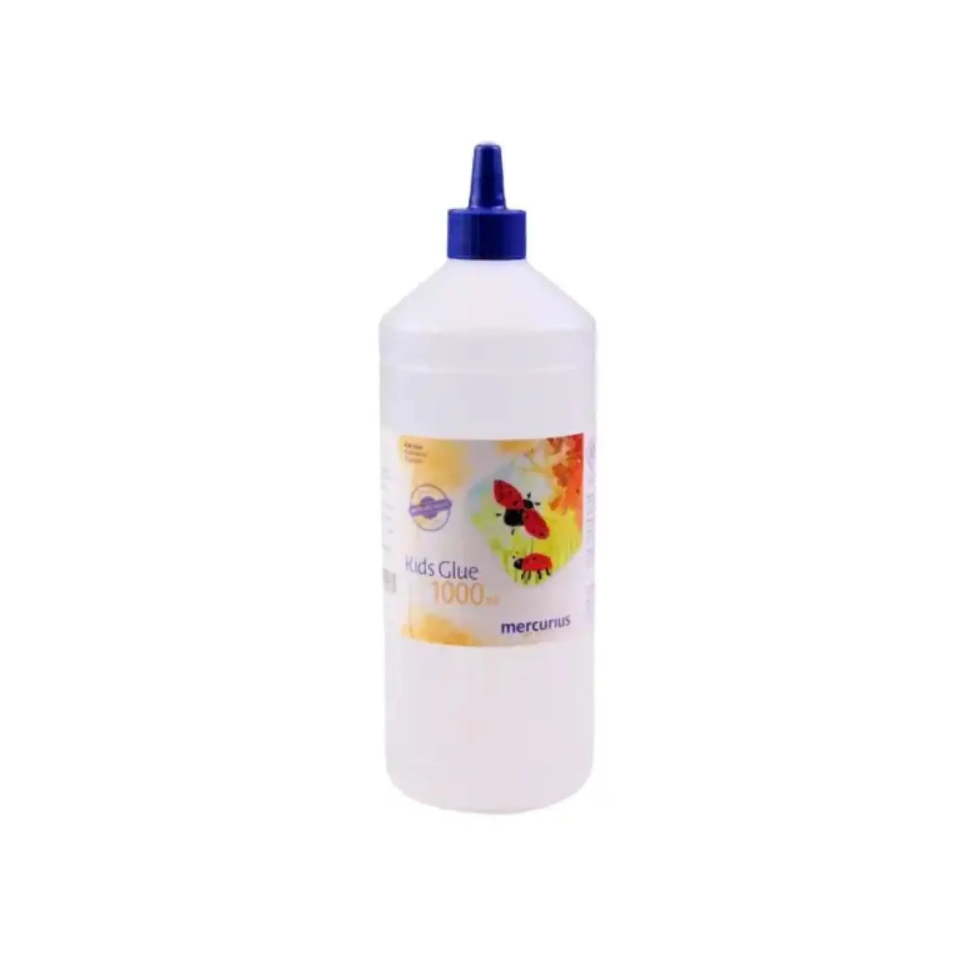 Bottle of large white clear non-toxic kids glue with a blue cap on a white background