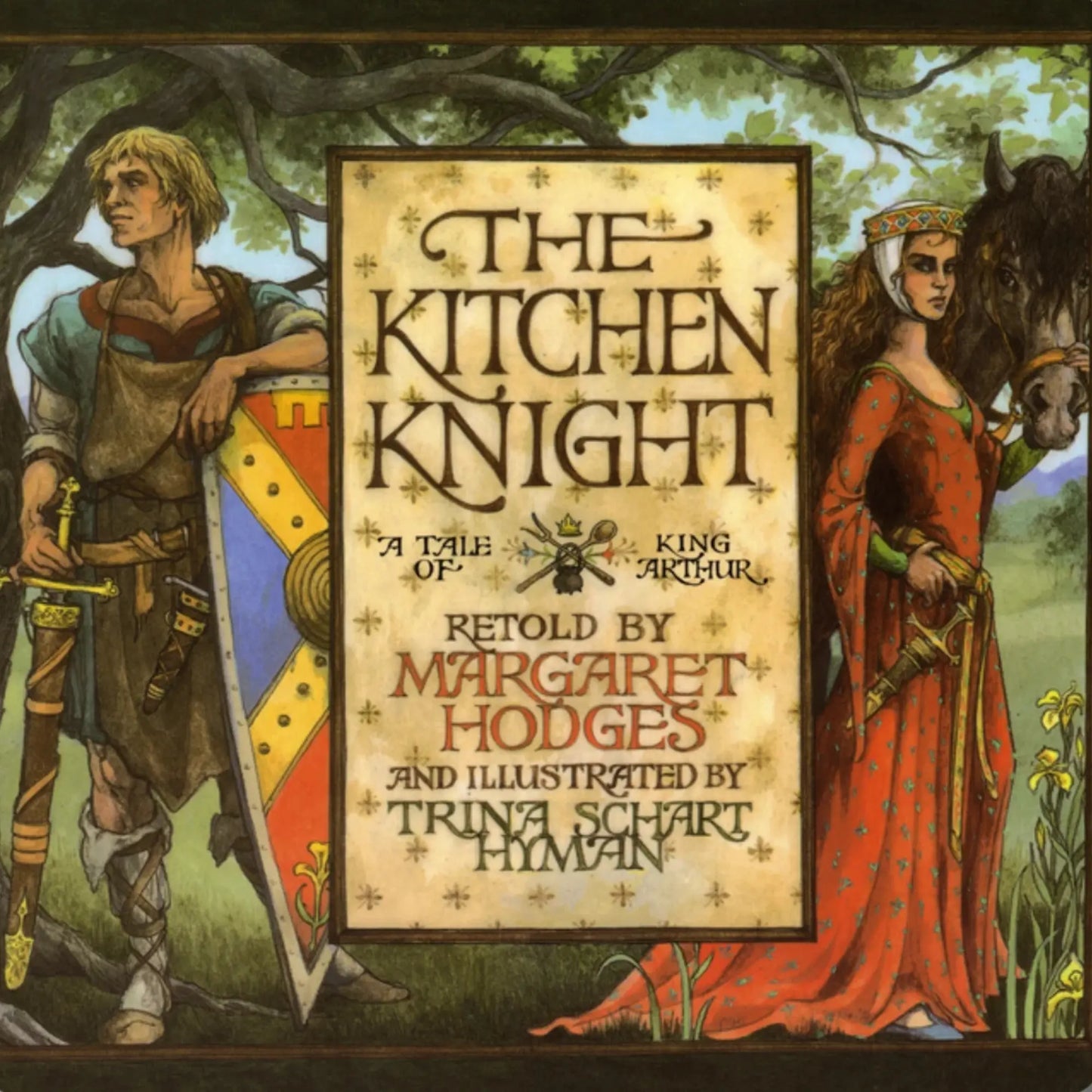 Book cover of 'The Kitchen Knight' with illustrations of a knight and a lady, set against a forest background.