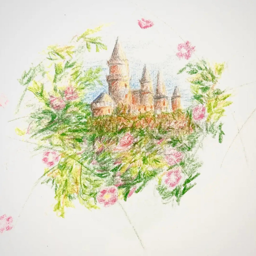 Colorful illustration of a castle surrounded by flowers on a white background