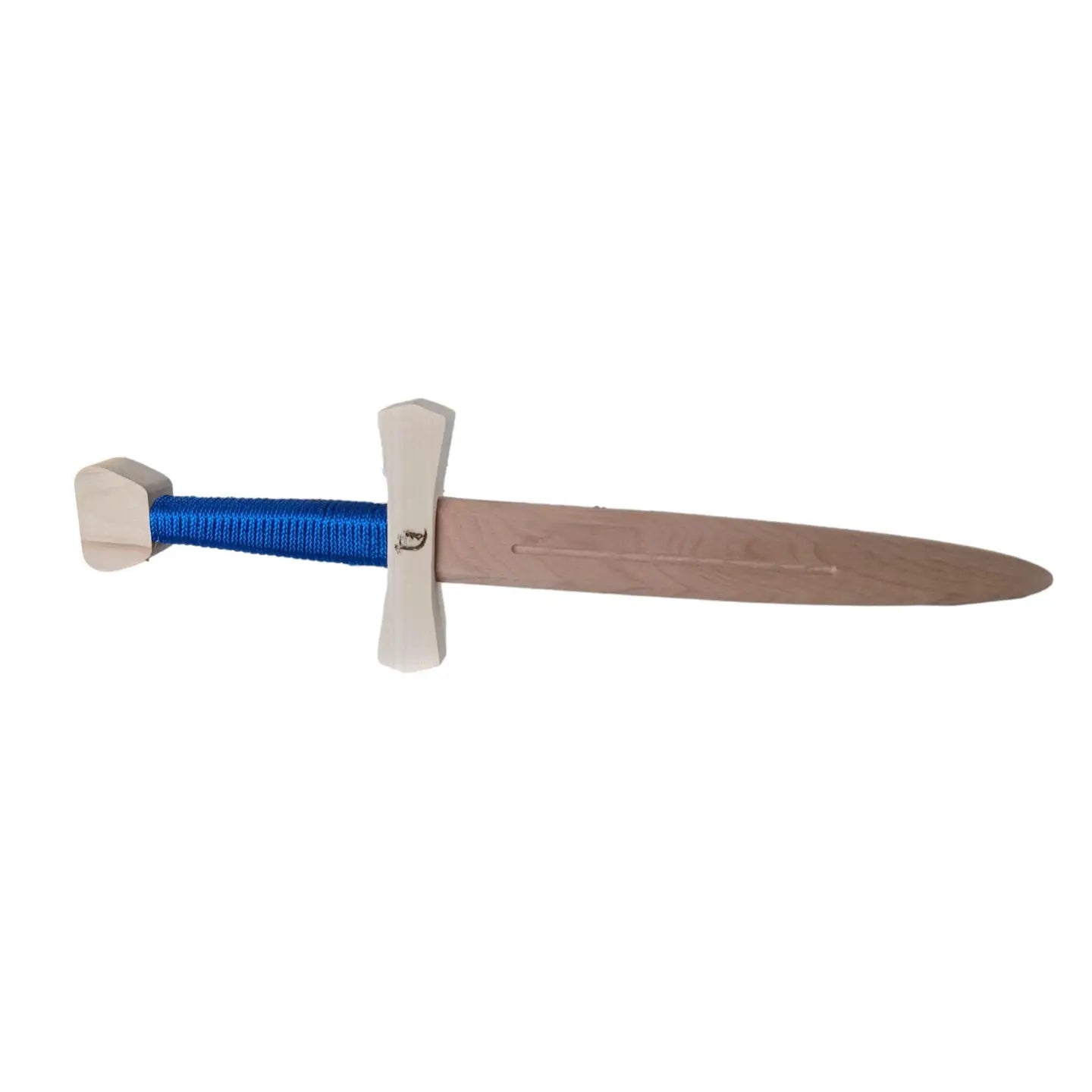 Wooden sword with a blue handle on a white background