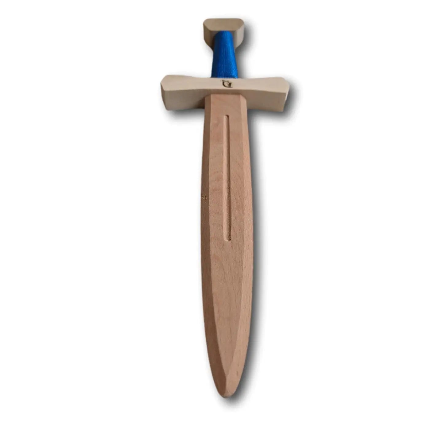 Wooden sword with a blue blade on a white background