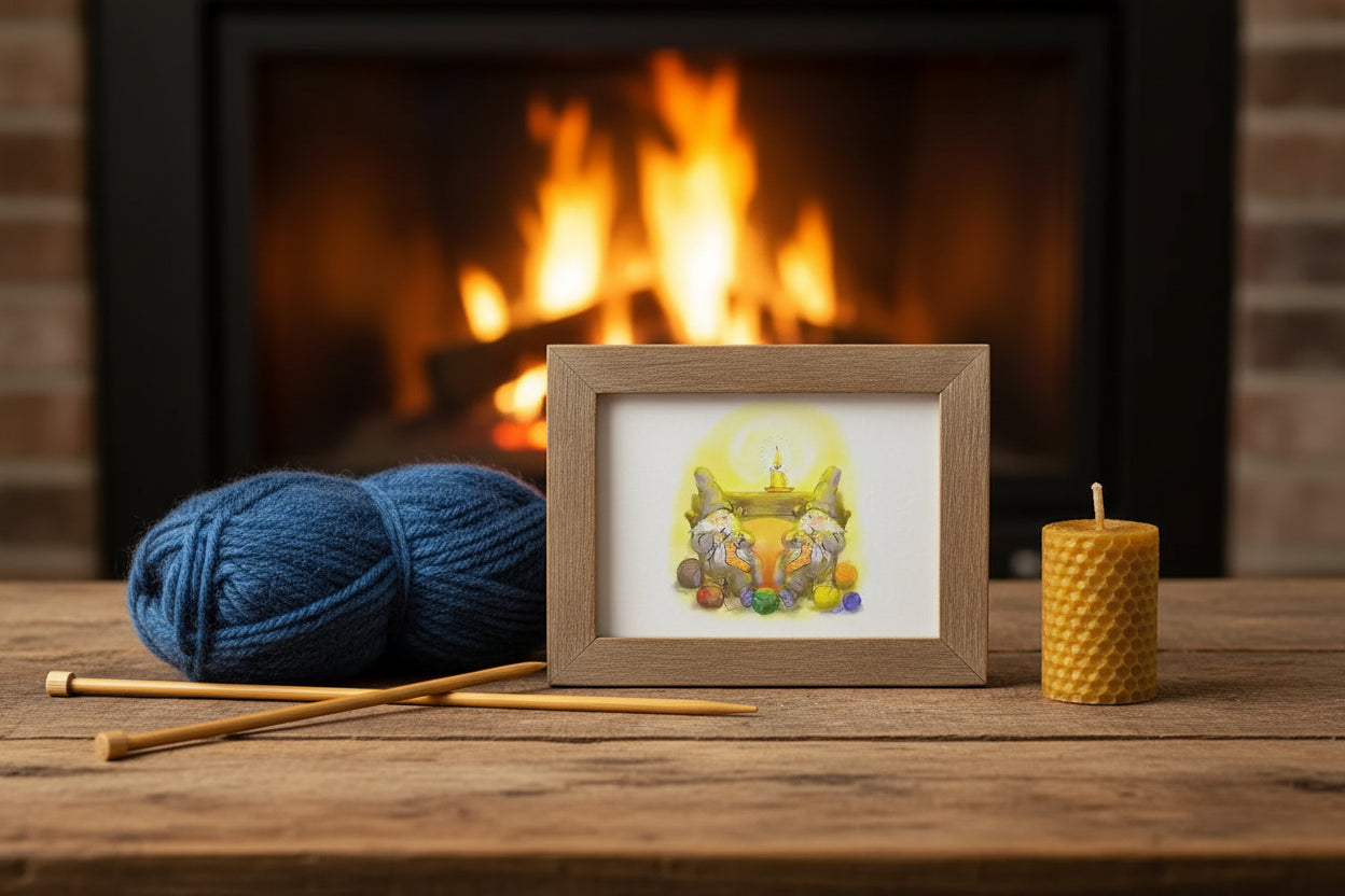 a fireplace scene with wooden table and candle, knitting needles, and framed card of gnomes knitting