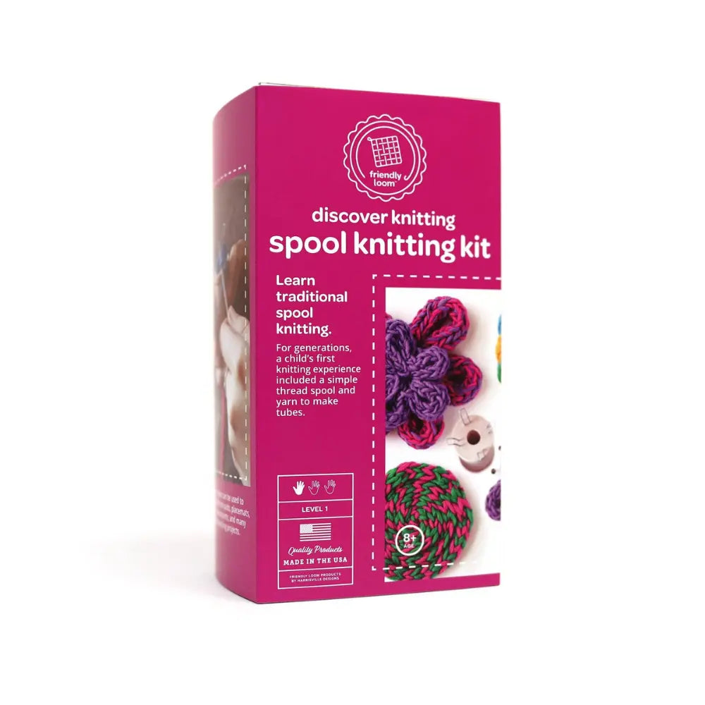 Spool knitting kit packaging with pink background and images of knitted items.