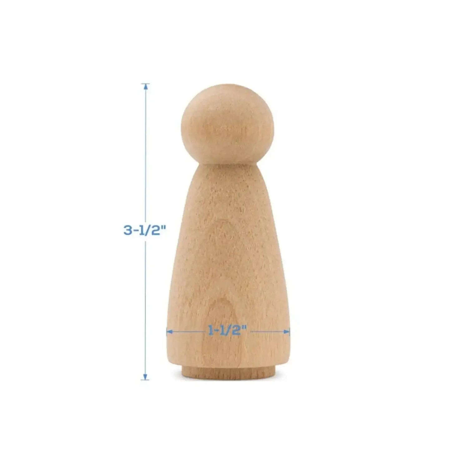 Wooden peg doll with measurements on a white background