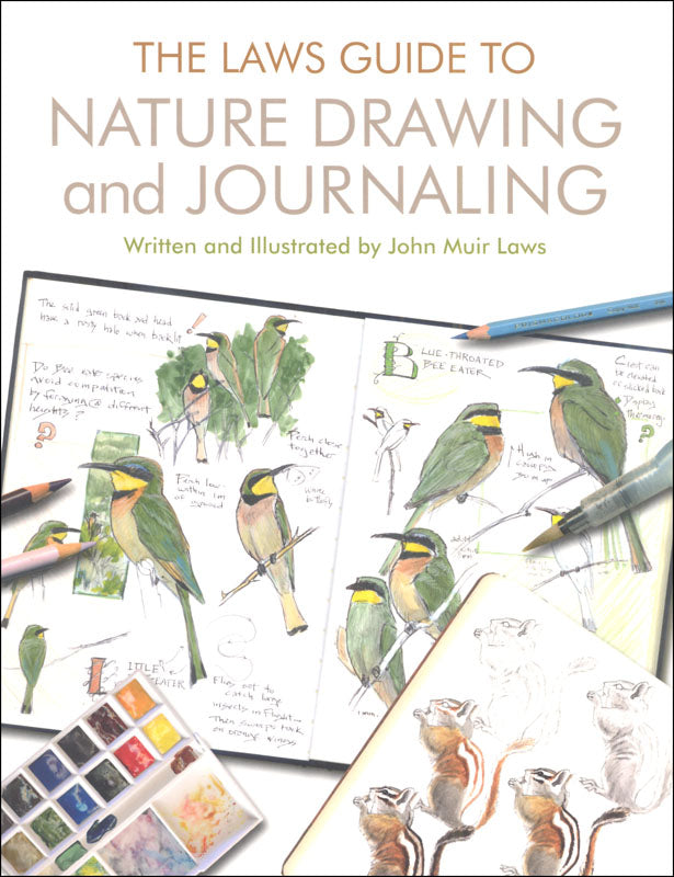 Book cover of 'The Laws Guide to Nature Drawing and Journaling' with illustrations of birds and art supplies.