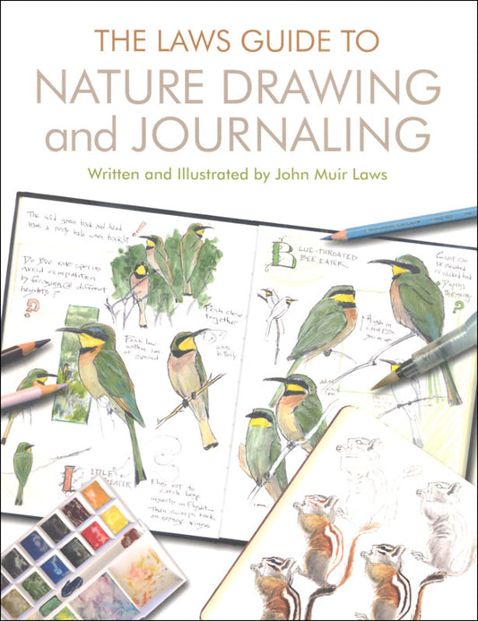 Book cover of 'The Laws Guide to Nature Drawing and Journaling' with illustrations of birds and art supplies.