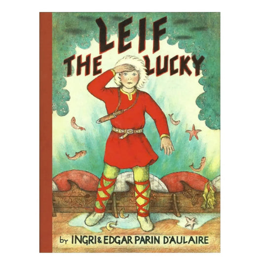 Book cover of 'Leif the Lucky' with a character in red clothing against a colorful background.