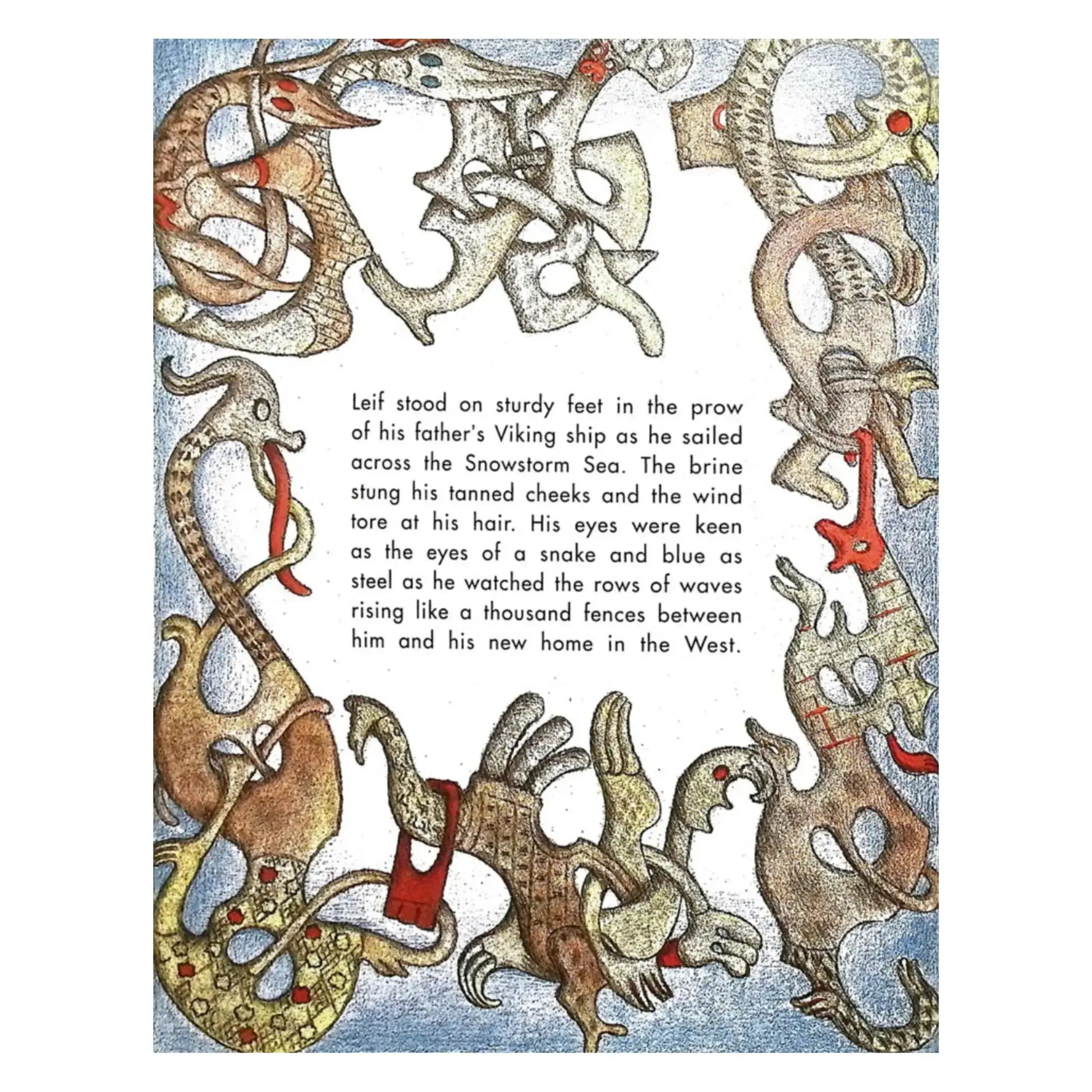 Viking style of illustrations and text on a white background from Leif the Lucky
