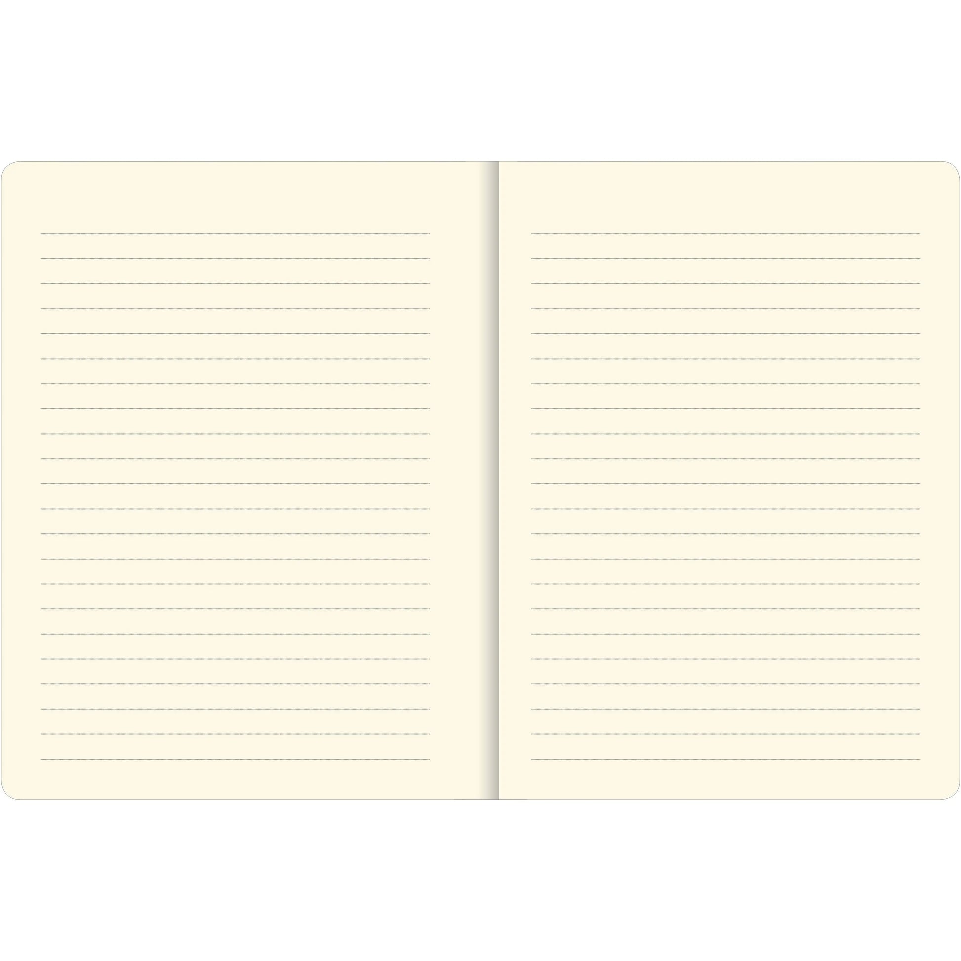 Two cream-colored notebook pages with lined texture on a white background