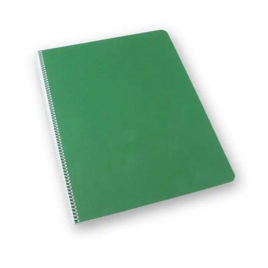 Green spiral-bound waldorf literacy main lesson book on a white background
