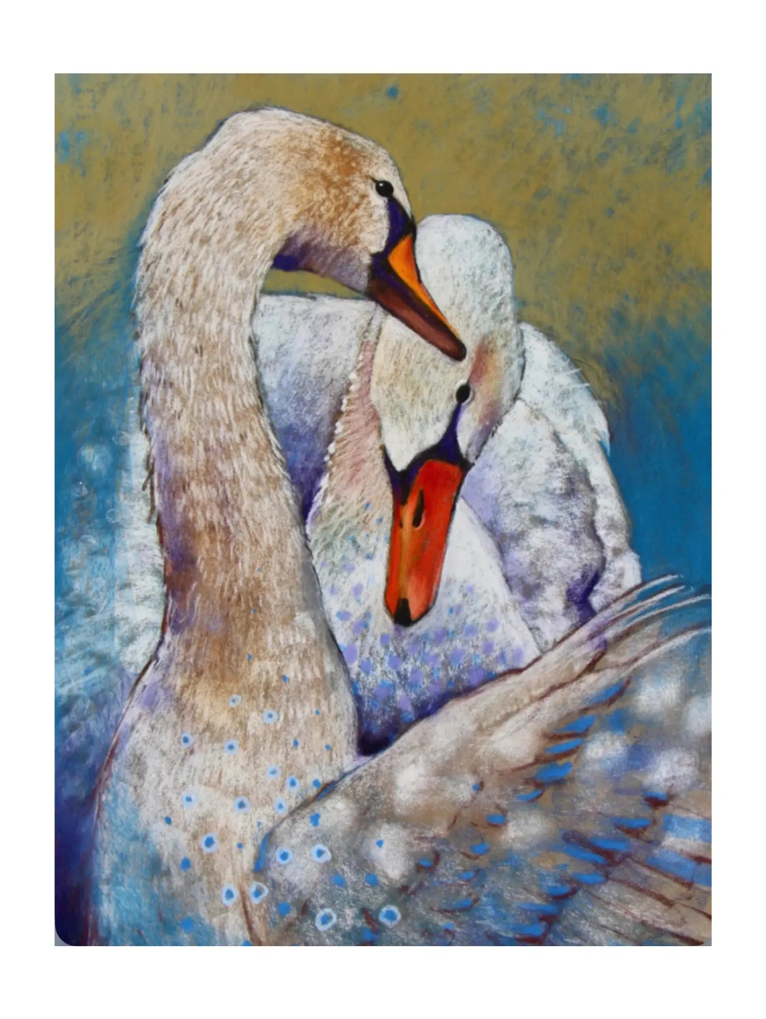 Postcard depiction of two swans embracing with a textured blue and green background