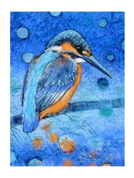 Postcard depiction of a kingfisher on a blue background