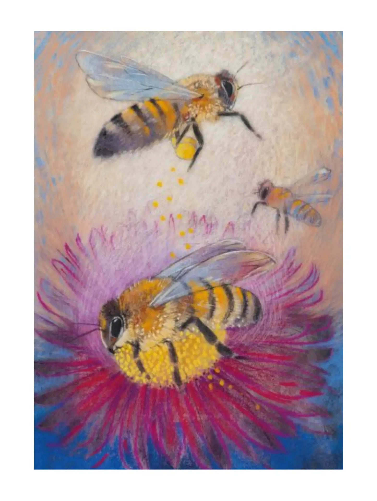 Loes Botman's postcard of bees on a flower with a colorful background
