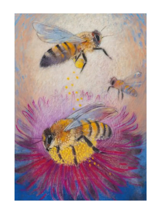Loes Botman's postcard of bees on a flower with a colorful background