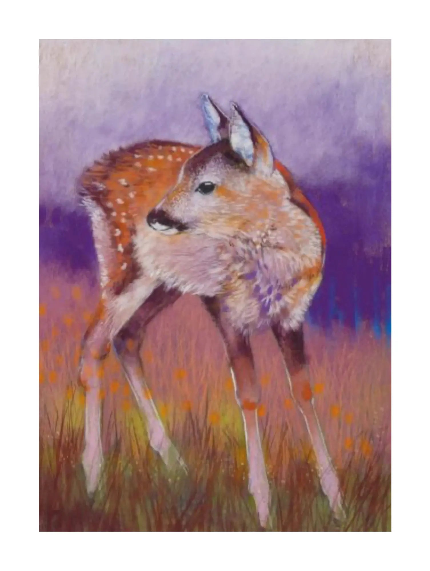Waldorf Postcard of a fawn in a field with a purple and pink meadow by Loes Botman