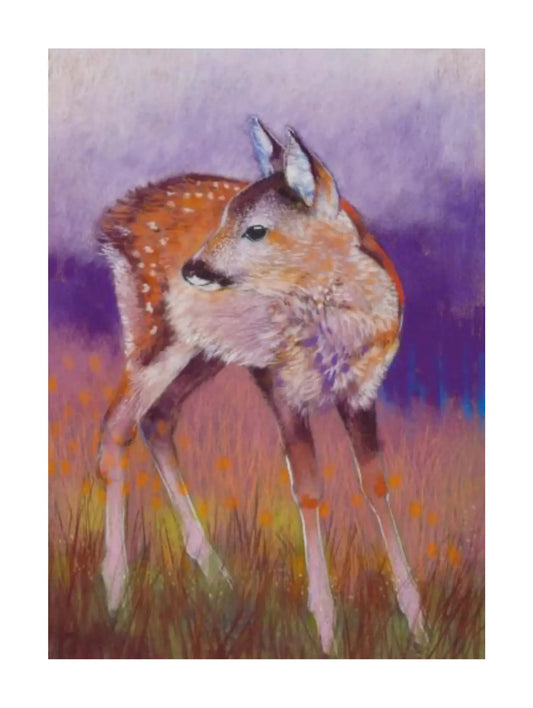 Waldorf Postcard of a fawn in a field with a purple and pink meadow by Loes Botman