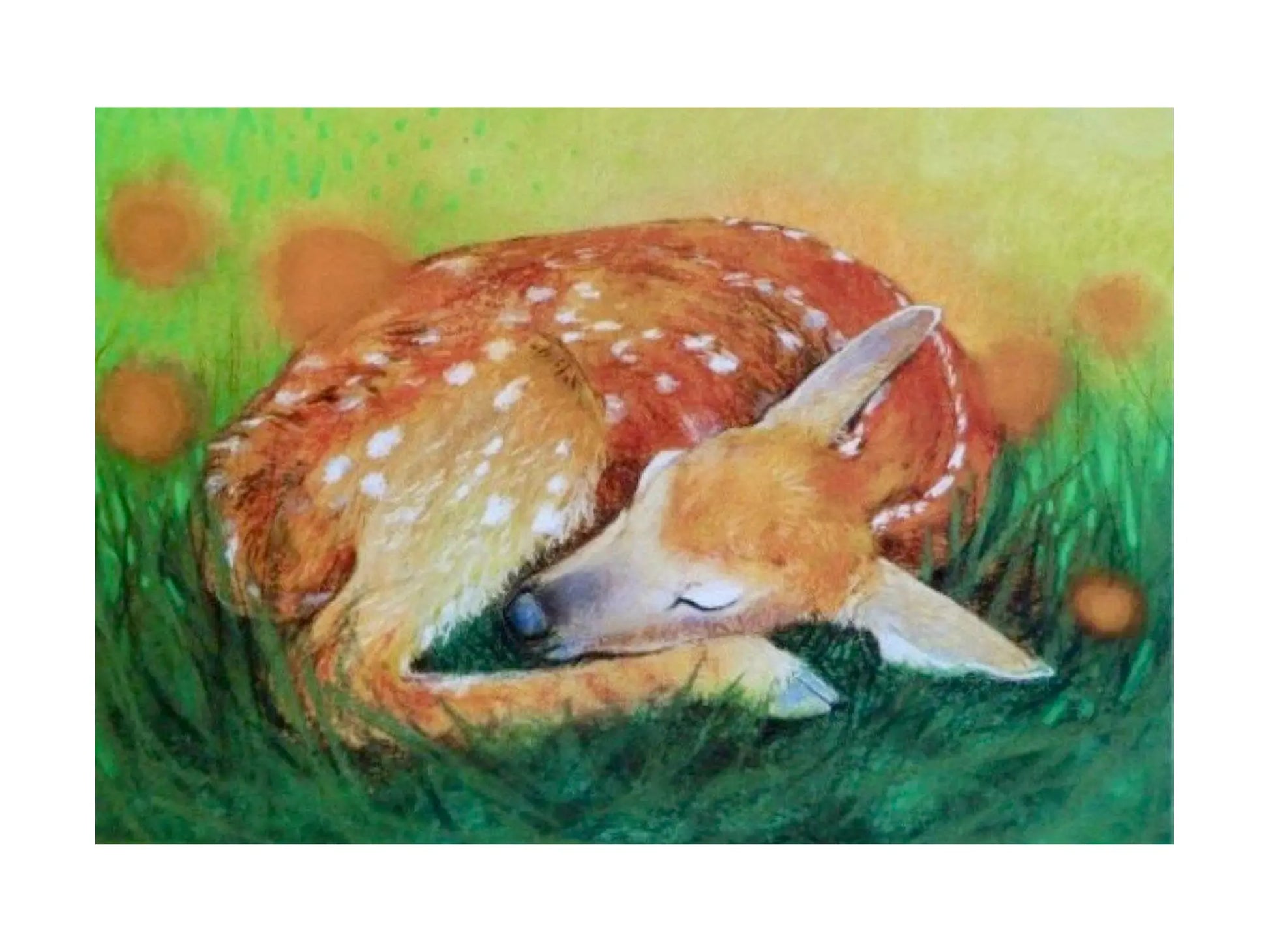 Sleeping deer illustration on a grassy background