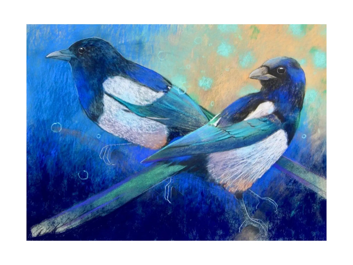 Artistic depiction of two Magpies with white underbellies on a colorful background