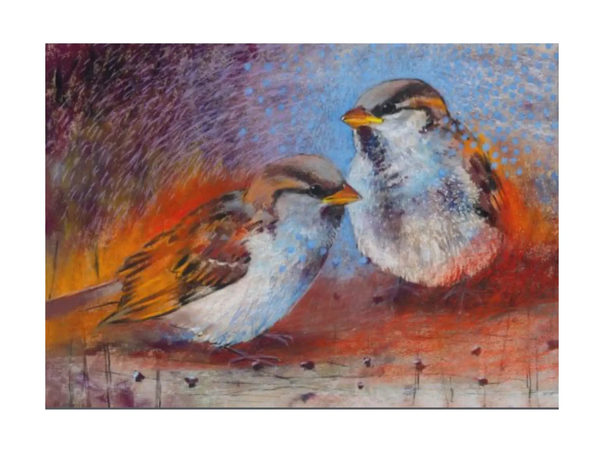 Two birds on a branch with a colorful abstract background