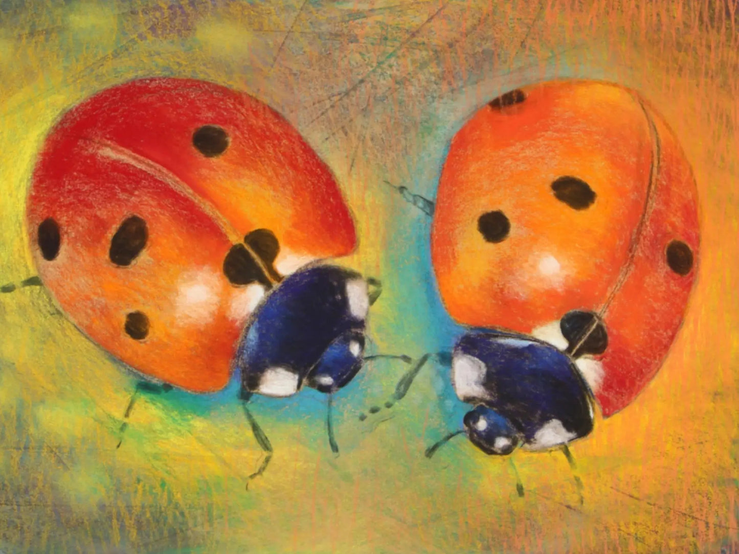 Two ladybugs on a colorful abstract background