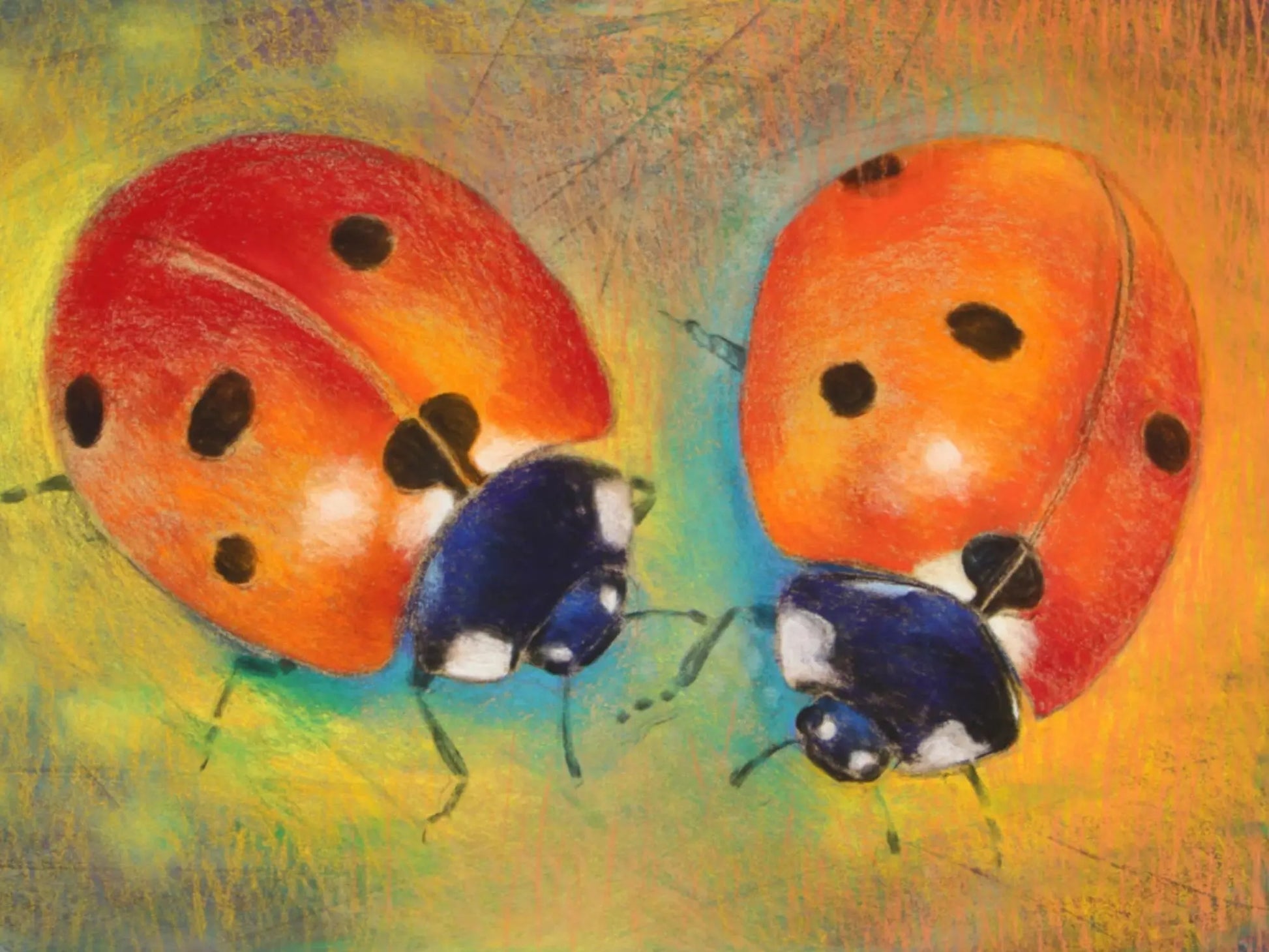 Two ladybugs on a colorful abstract background
