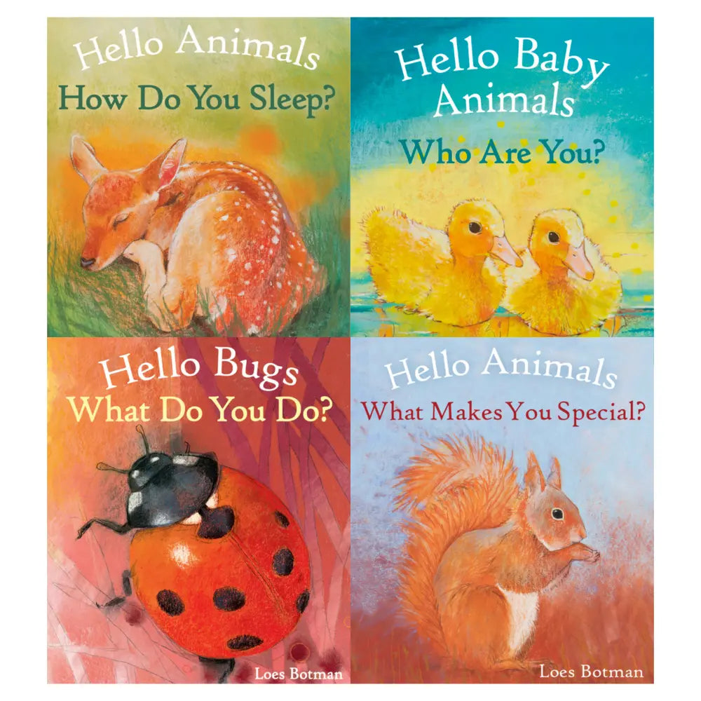 Four book covers featuring animals and text about children's questions.