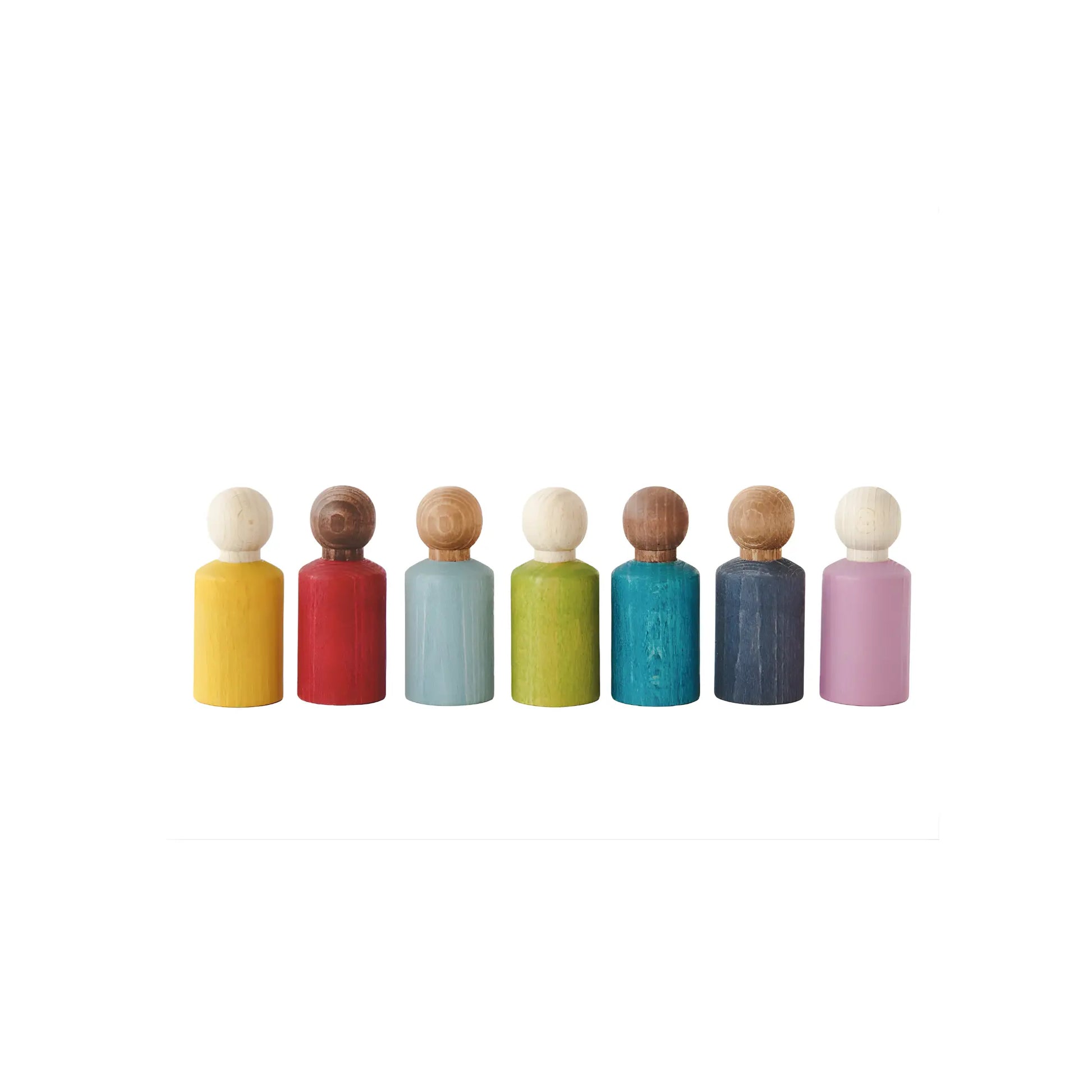 Set of colorful Waldorf wooden peg dolls by Lubulona with different colored bodies on a white background