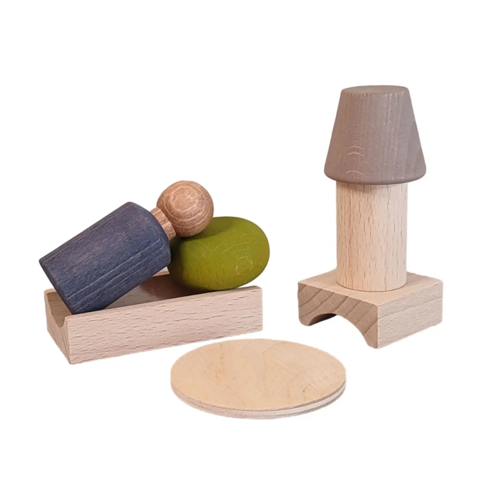 Set of wooden toys including a block, sphere, and cylindrical shapes on a white background